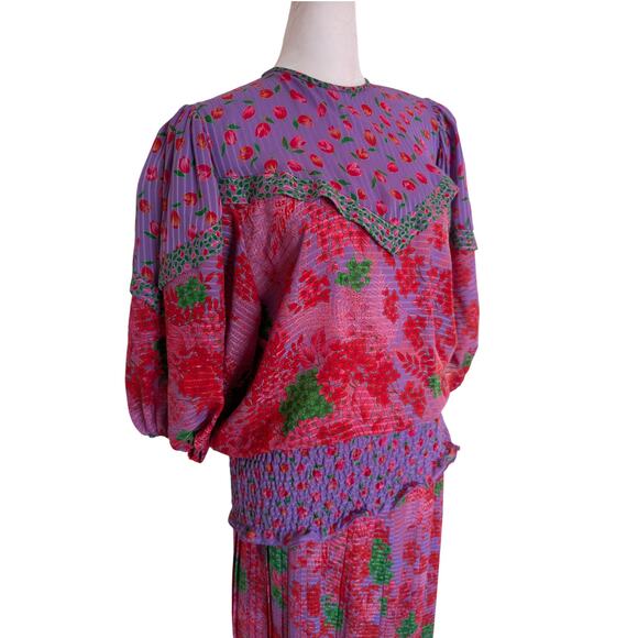 Vintage Assorti Susan Freis Pink Purple Floral Blouse Skirt 1980s Set - Picture 2 of 9